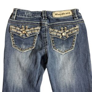 Miss Chic Womens Bootcut Distressed Jeans Rhinestone Studded Pocket Sz 3